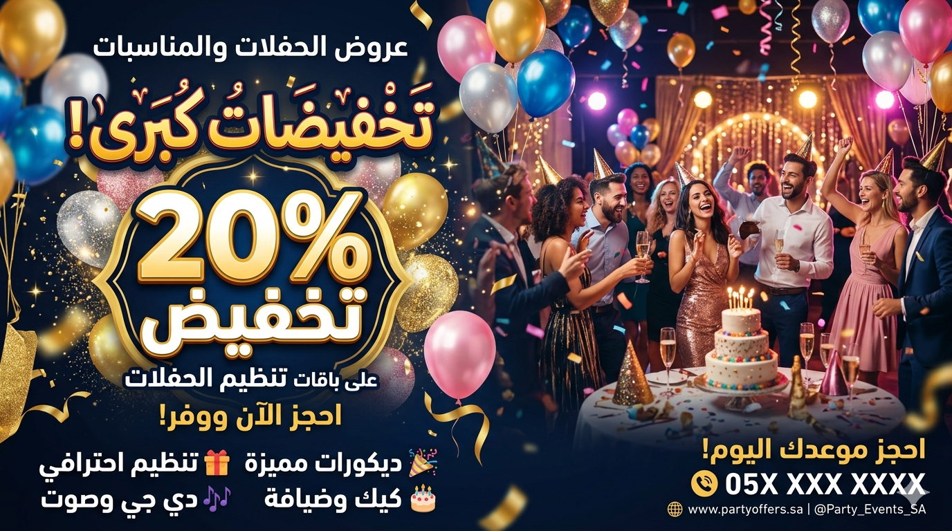 عروض الحفلات والمناسبات تَخْفيضَاتُ كُبَرّى! 20% تخفيض